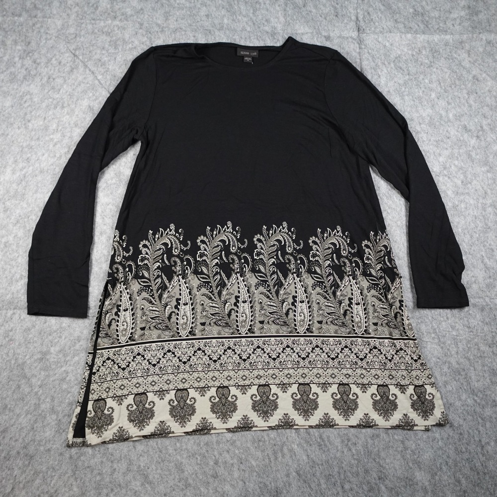 J Jill Top Women Medium Black Paisley Wearever Long Sleeve Tunic Side Slits